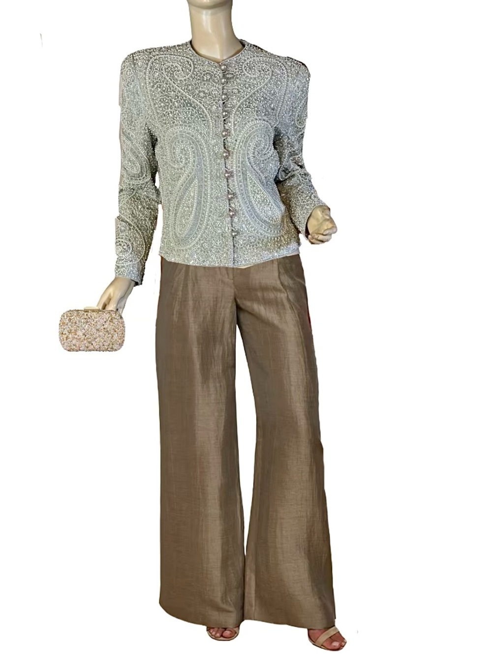 VINTAGE 1980'S NAEEM KHAN RIAZEE NIGHTS COUTURE RAW SILK GRAYISH MINT BLAZER (M